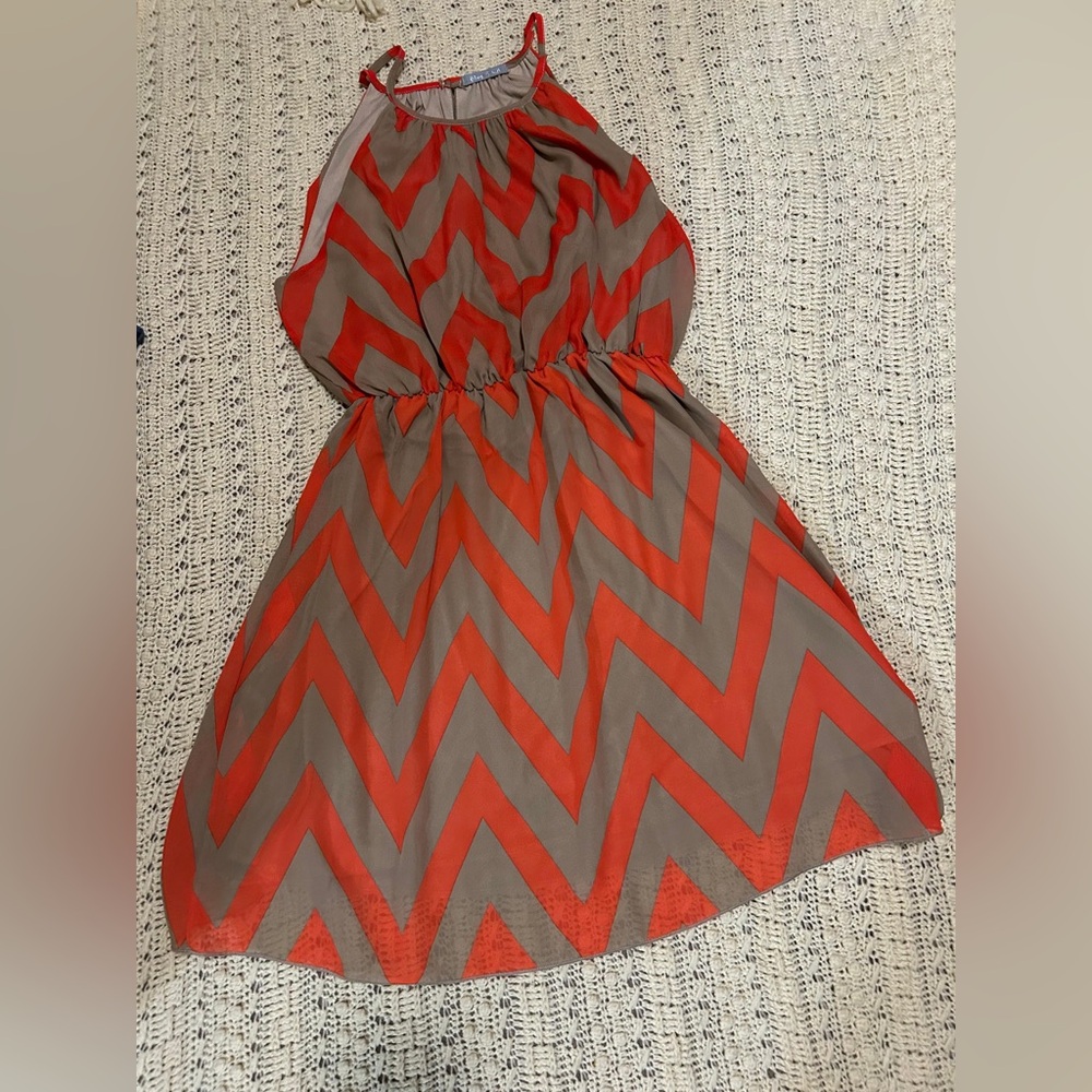 Women's Chevron Sleeveless Casual Dress in Orange and Taupe